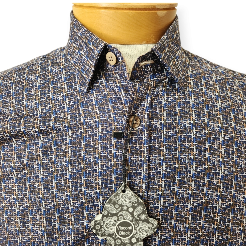 VISCONTI BLACK LABEL FITTED S BLUE   TAN L/S SHIRT